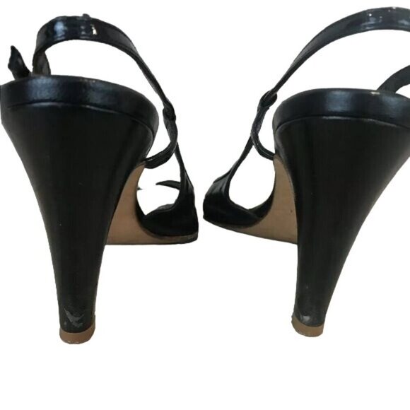 Butter Size 7 Black Leather Perforated Slingback Heels Shoes Almond Toe - Picture 5 of 8